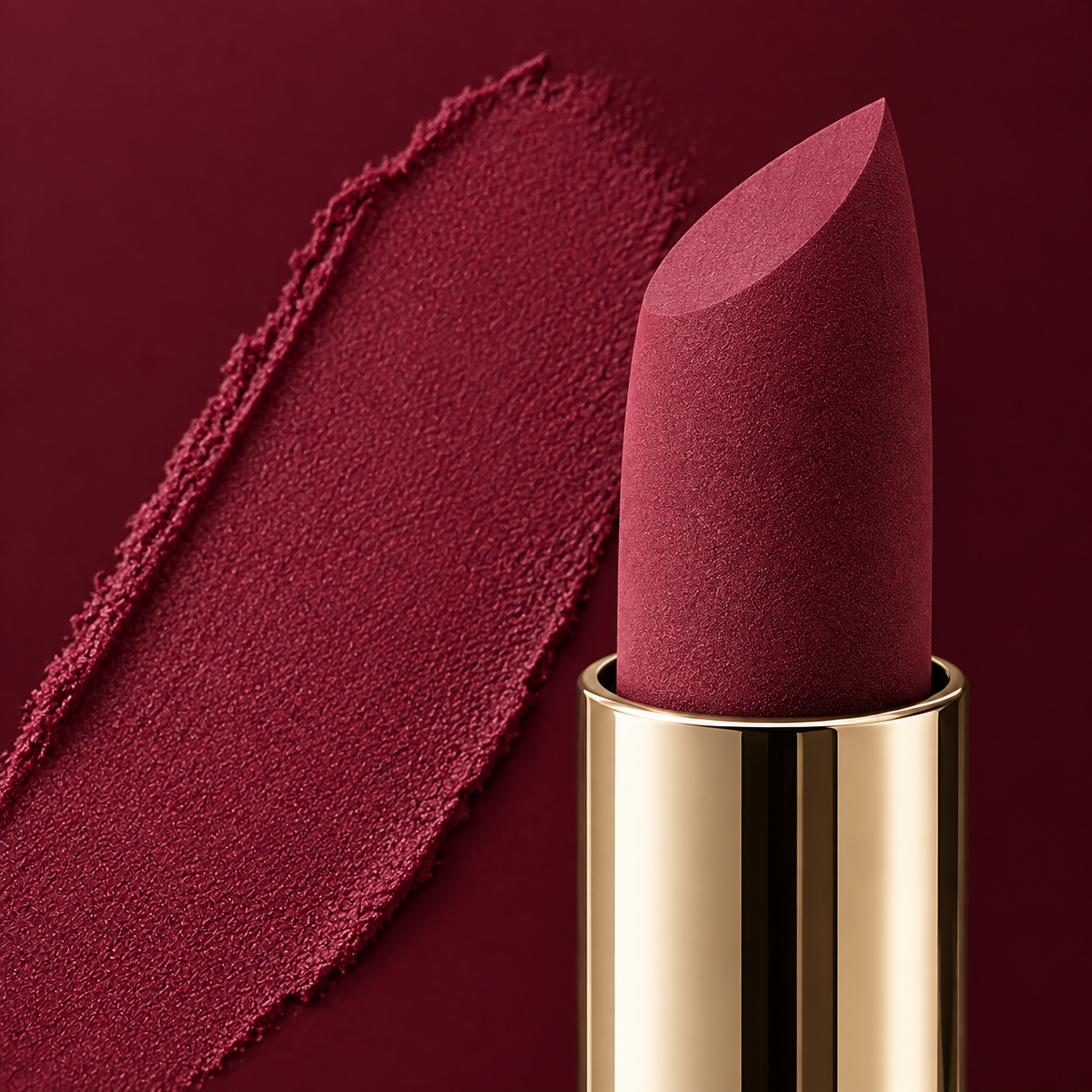 Merlot angled lipstick bullet and swatch detail
