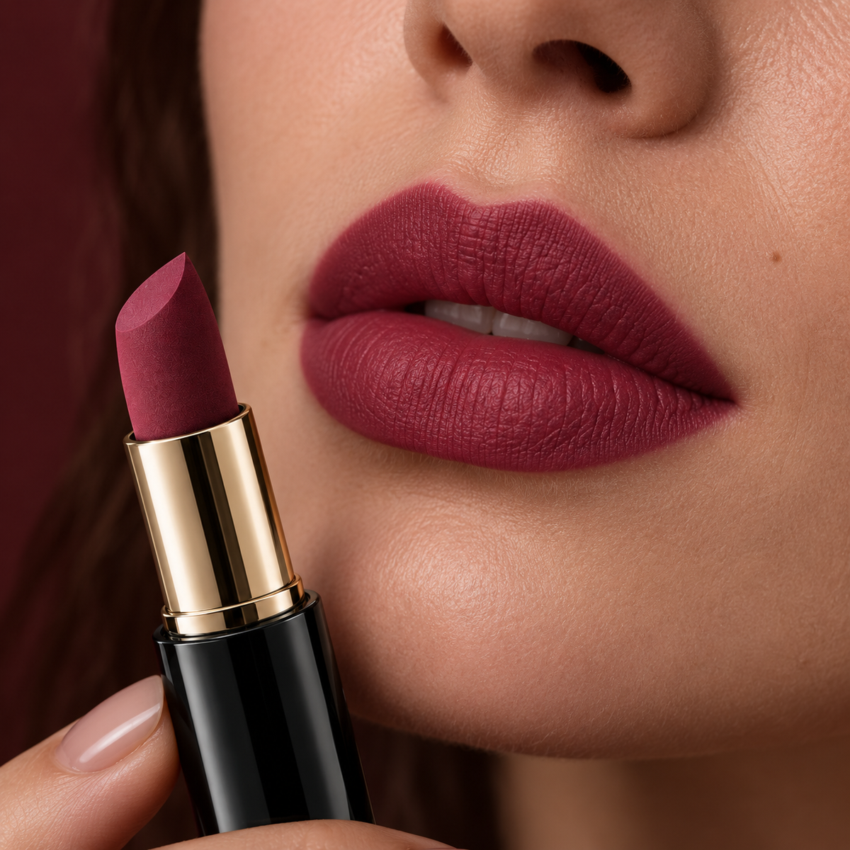 Merlot berry-mauve velvet color on lips