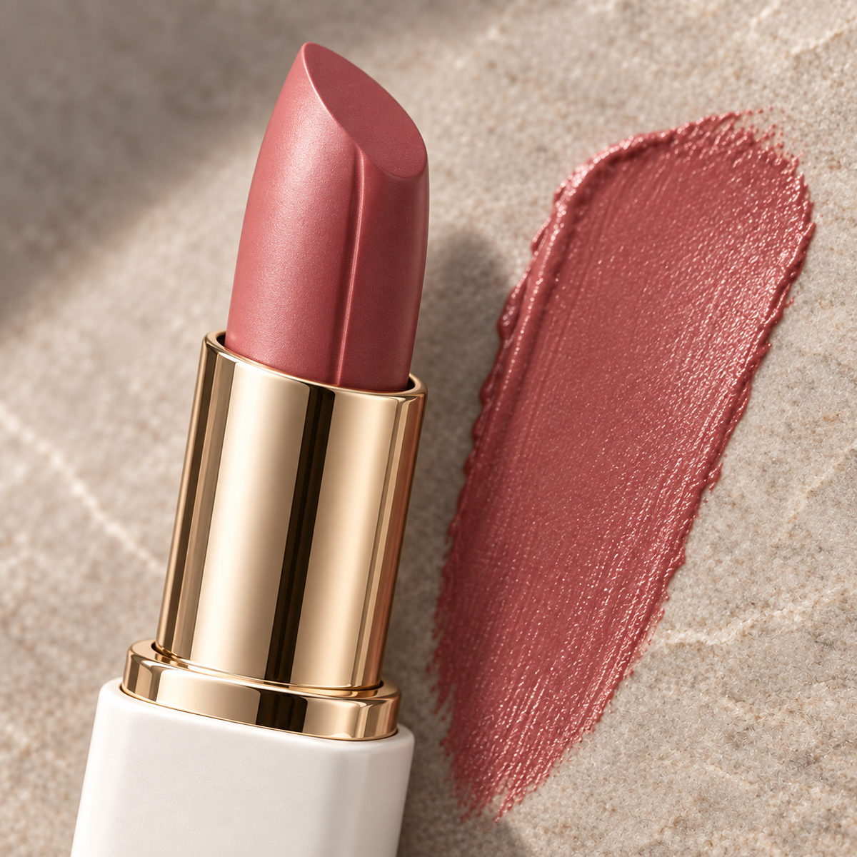 Roseline lipstick bullet and satin swatch detail