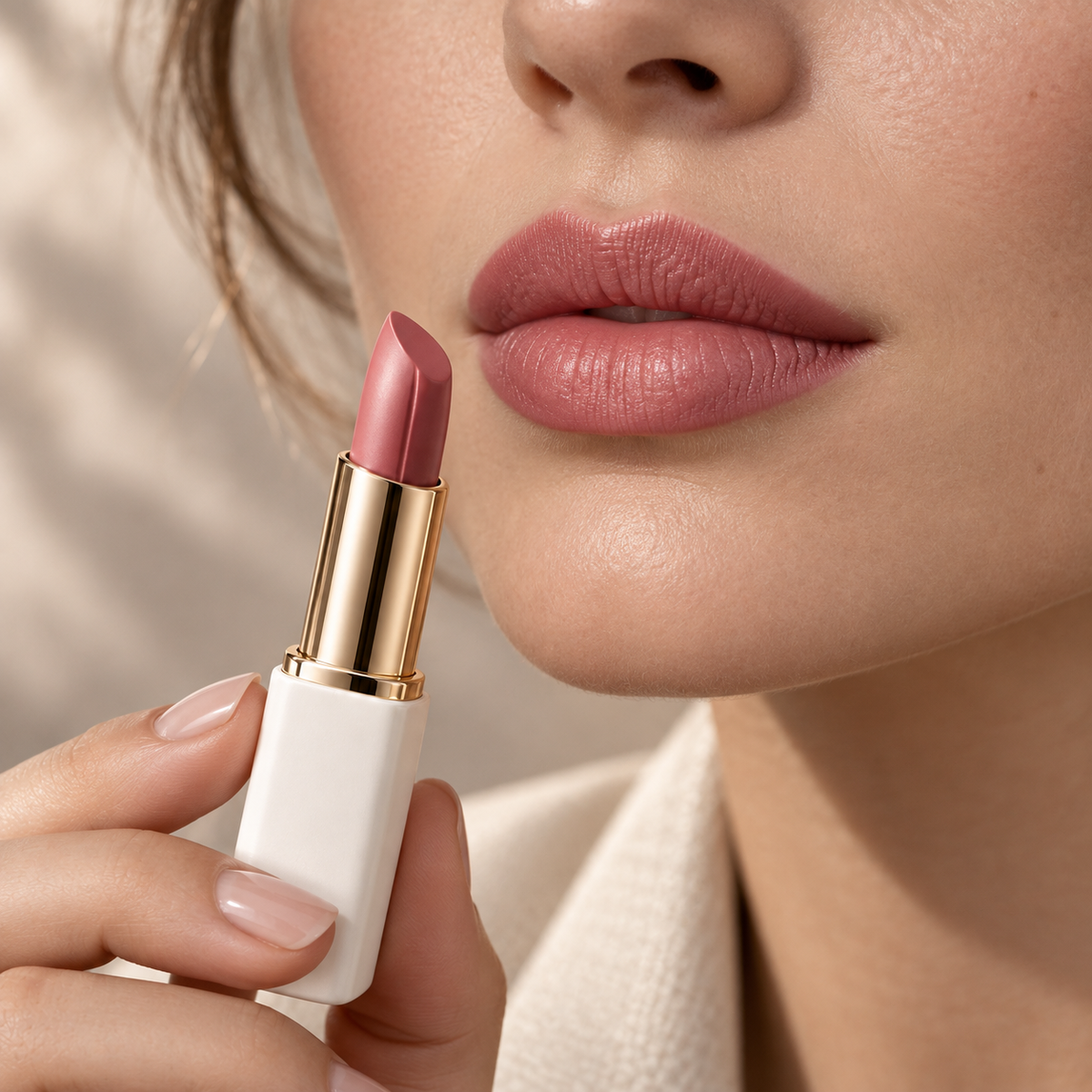 Roseline muted rose satin color on lips