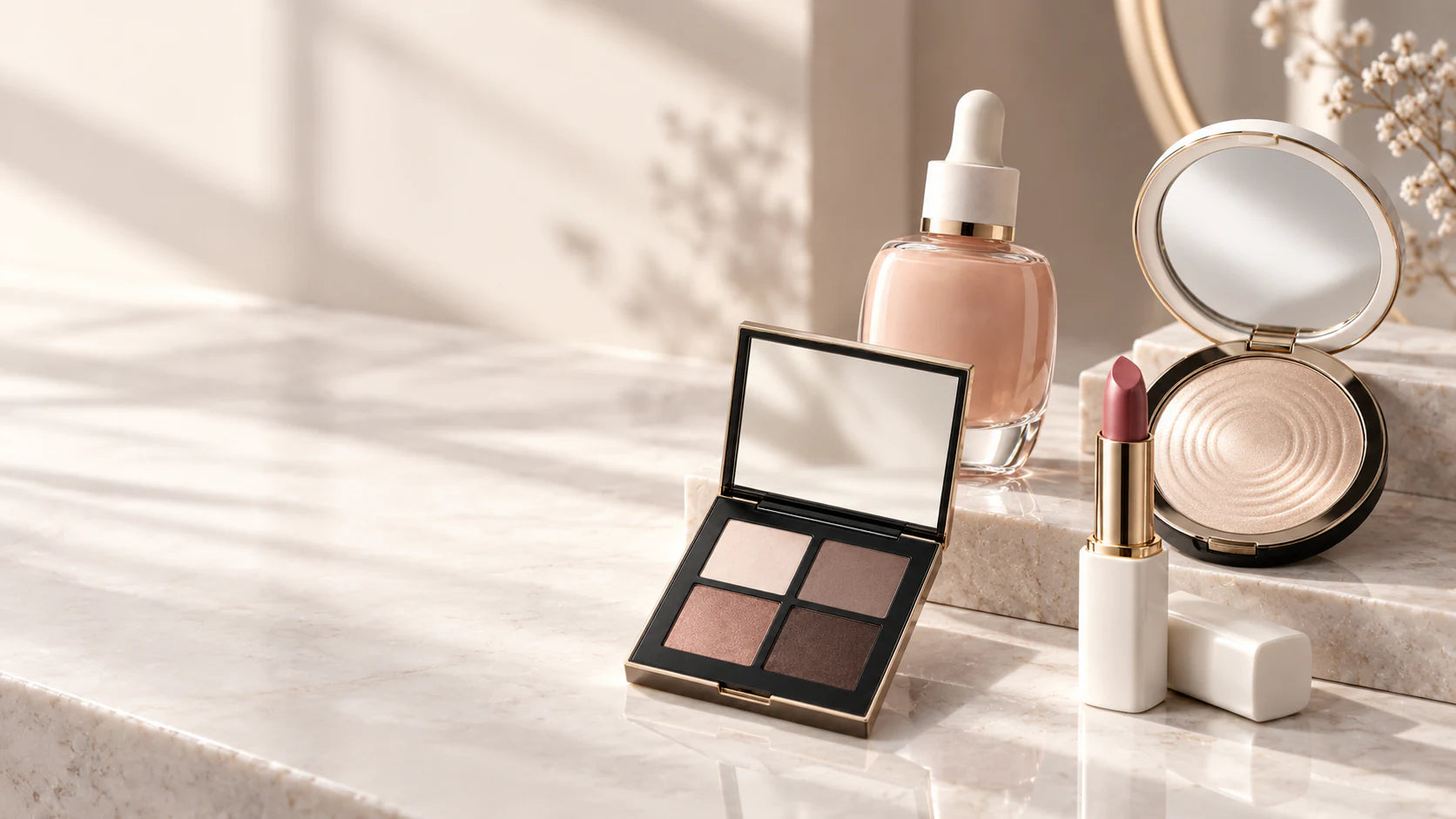 SORELLEVE makeup essentials arranged on sunlit stone