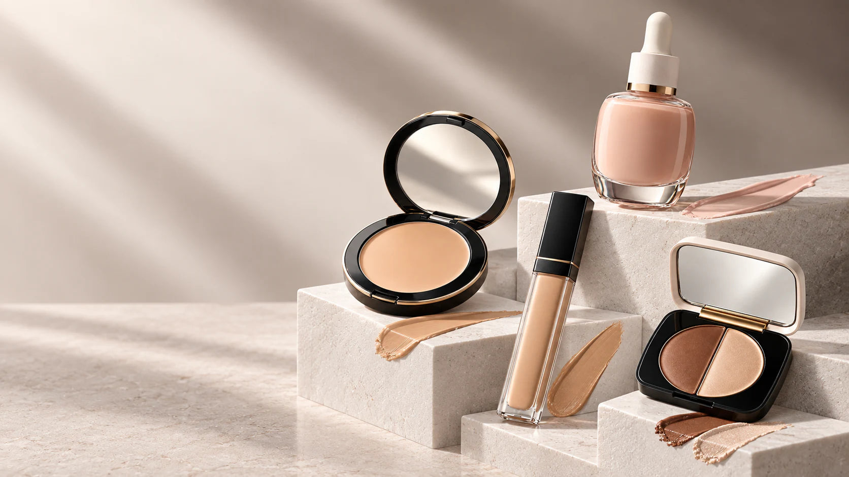 Complexion makeup arranged on warm stone