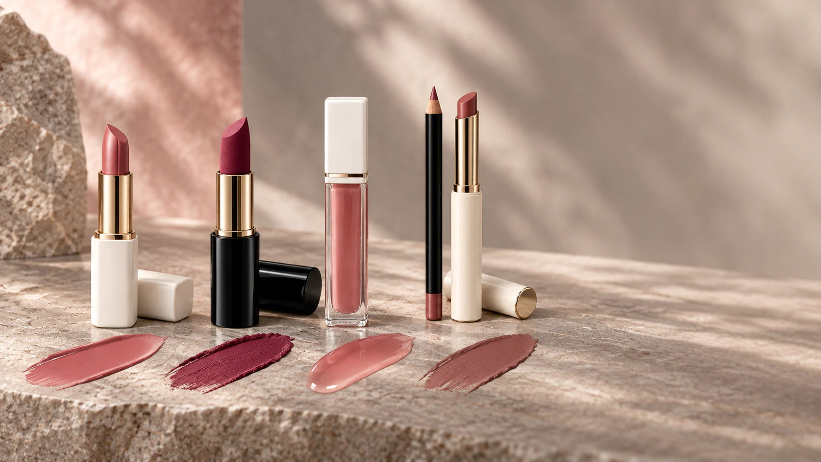Lipsticks, gloss, and liner in coordinated rose shades