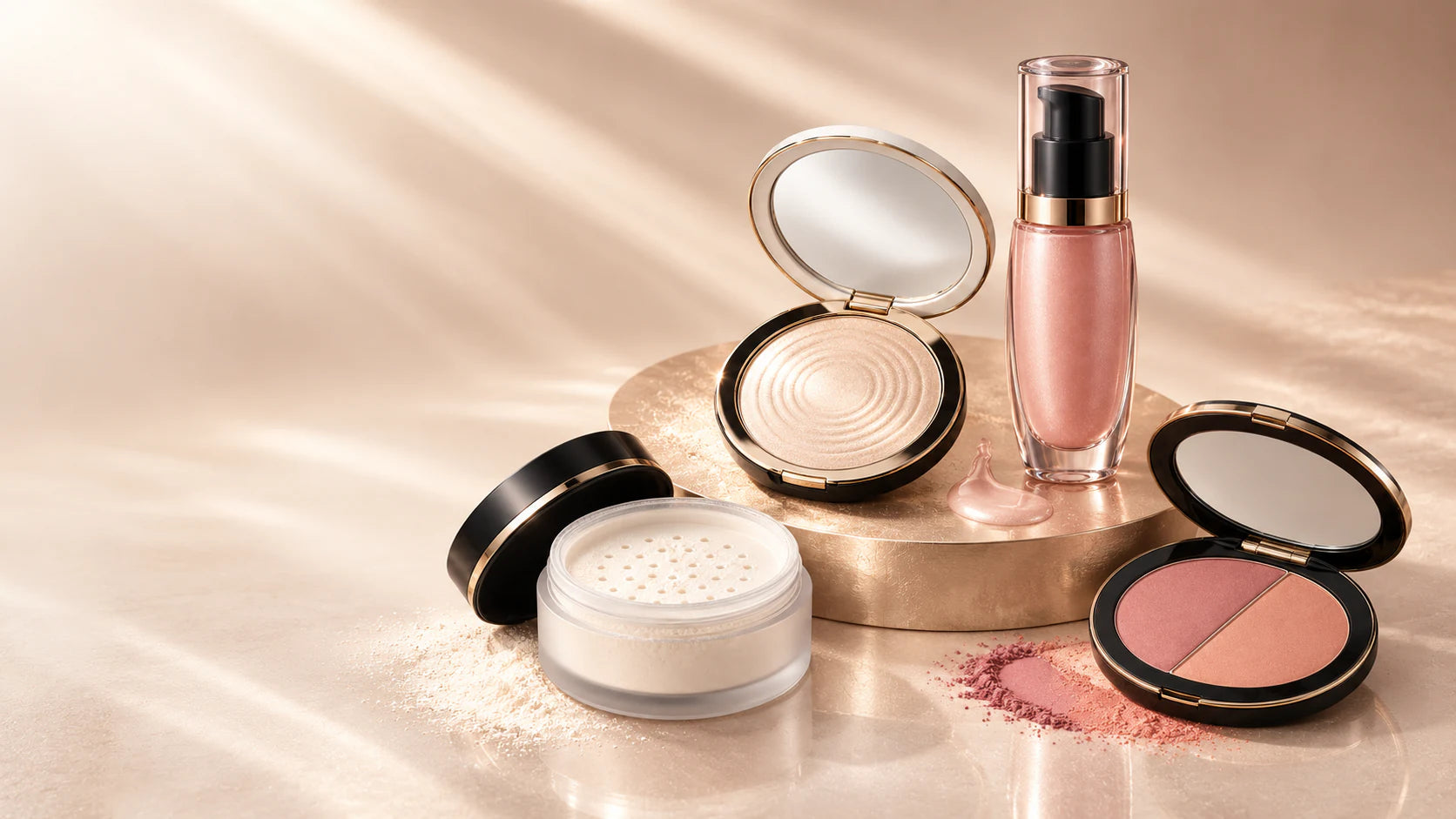 Highlighter, finishing powder, and blush in warm light