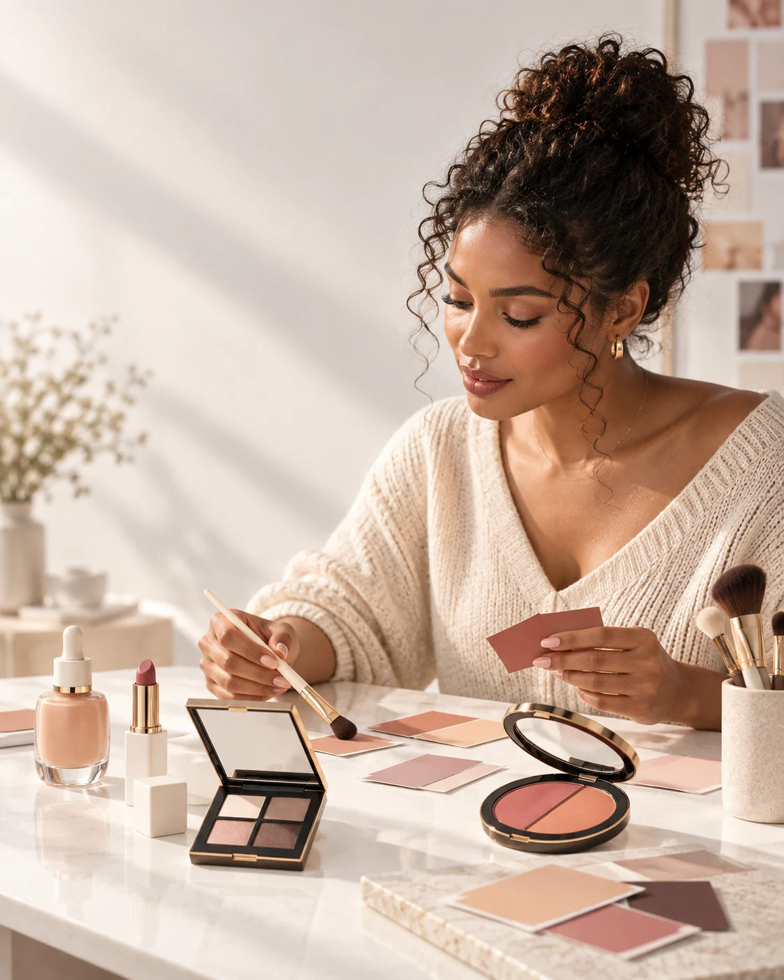Makeup artist composing a warm neutral color palette