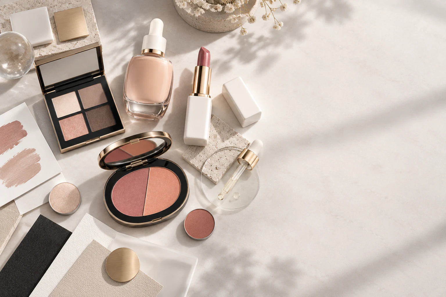 Makeup palette and complexion products arranged with material samples