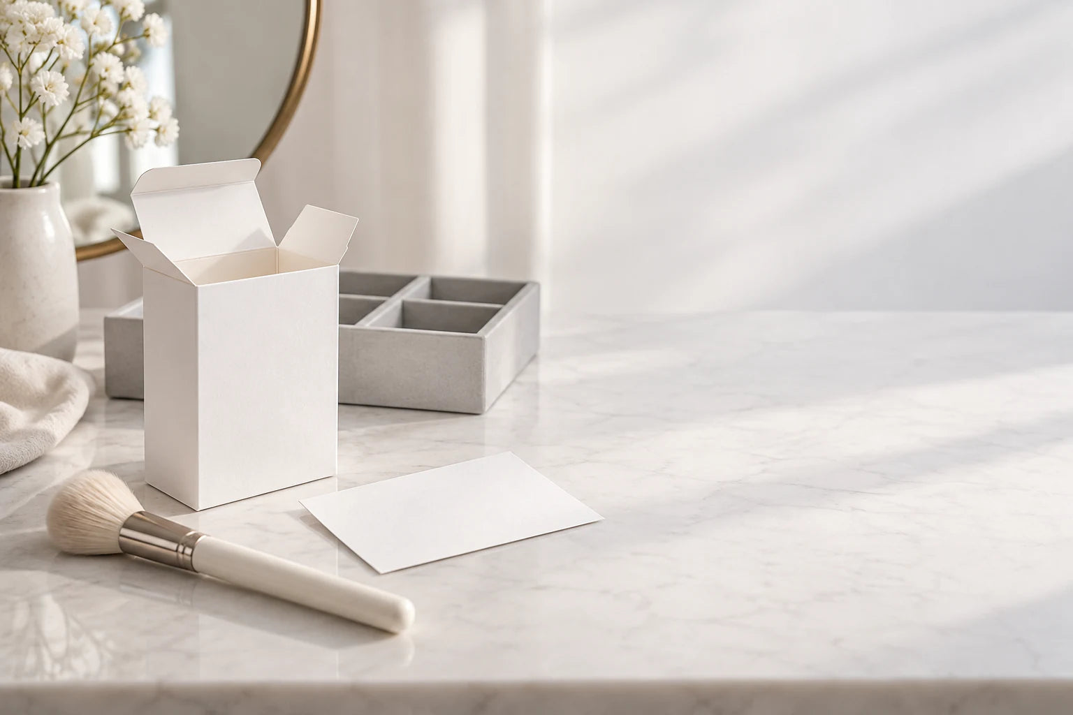 Open cosmetics carton and brush on a sunlit studio table